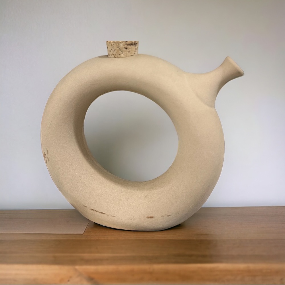 Hartstone Signed Circular Donut Shape Pottery Pitcher Wine Jug